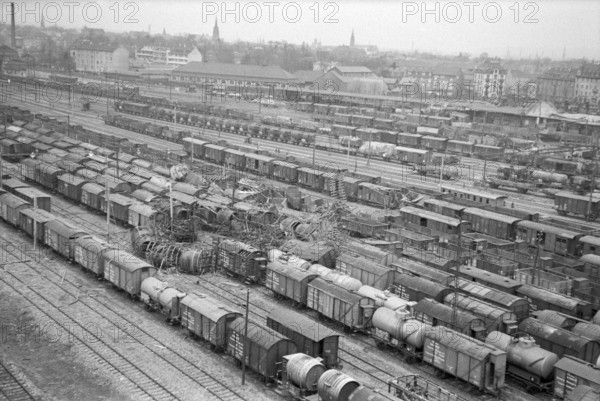 WW 2: Bomb airdrop, dropping; railroad shunting yard 'Wolf' Basle 1945.