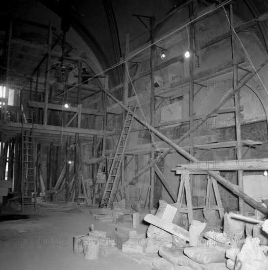 Geneva: Auditoire de Calvin under renovation; 1953.