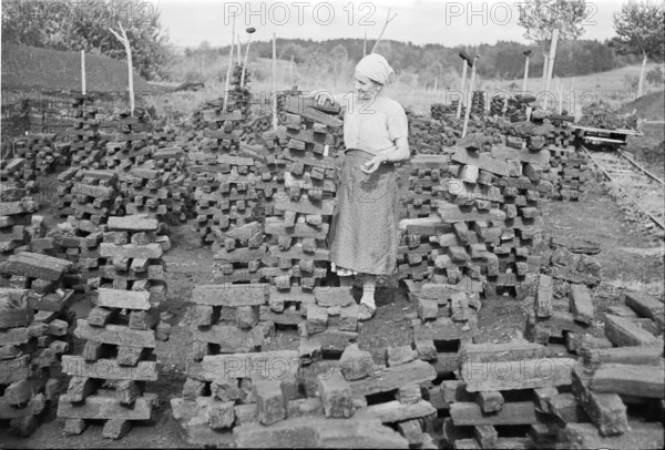 Cutting peat for briquettes; piles 1940.