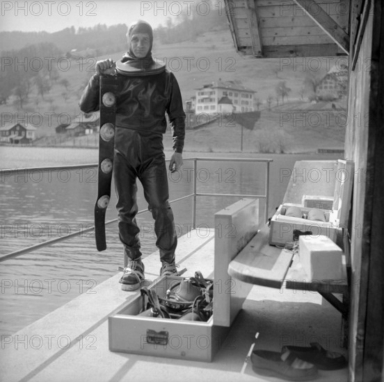 Diver with modern diving suit, 1955.