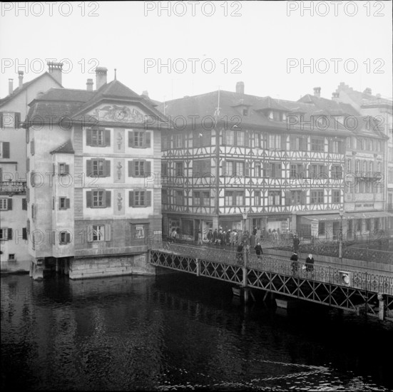 Lucerne, old part of town, river Reuss and Reuss bridge; 1960.