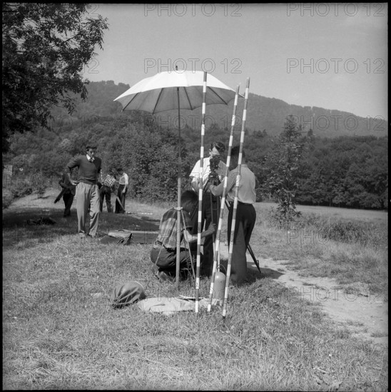 Geodesy-students at surveying exercise, ETH Zurich 1955.
