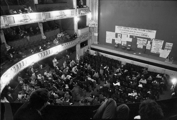 Student riots in Paris 1968: occupation of theatre Odeon.