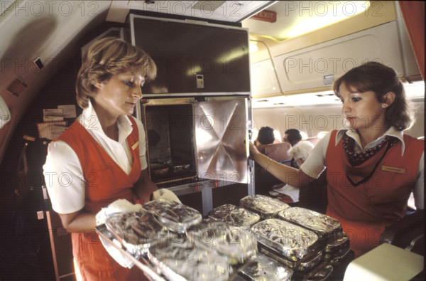 Bord service in a Swissair DC9-81, 1982.