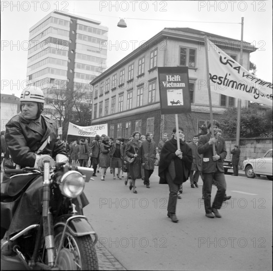 Protest against war in Vietnam; Poiceman, motorcycle; 1967.