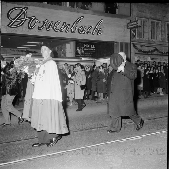 Jean Bourgknecht, newly elected federal councillor visiting fribourg; 1959.