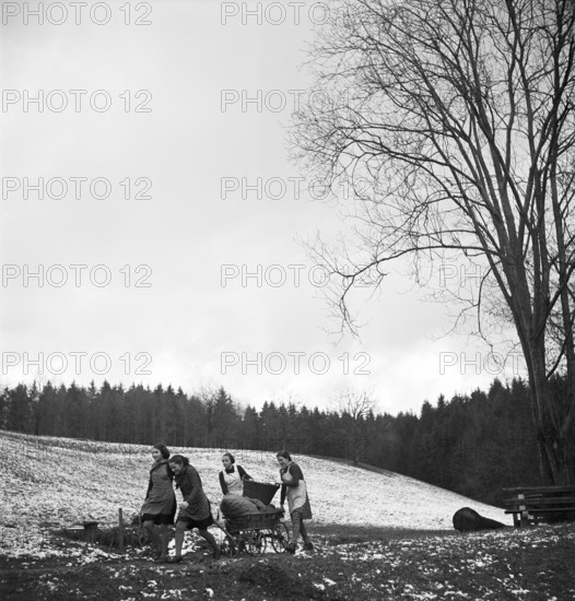 Girls collect fir cones for heating, 1944.