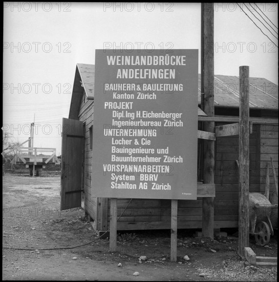 Weinland bridge under construction, Construction site sign; 1956.
