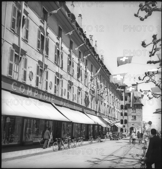 May 8th. 1945: Armistice's day in Geneva, houses with flags.