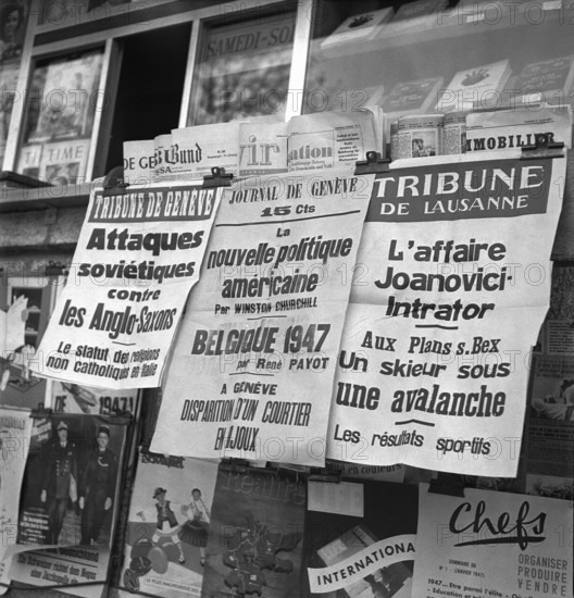Geneva newspapers at Kiosk, 1947.