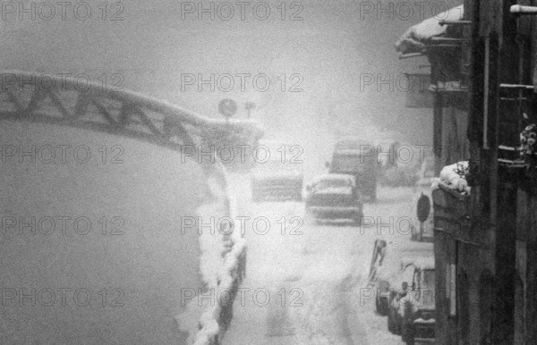 1975, Milan, Navigli winter with snow.
