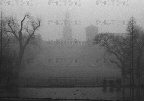 1975, Milan, Sforza Castle in fog.