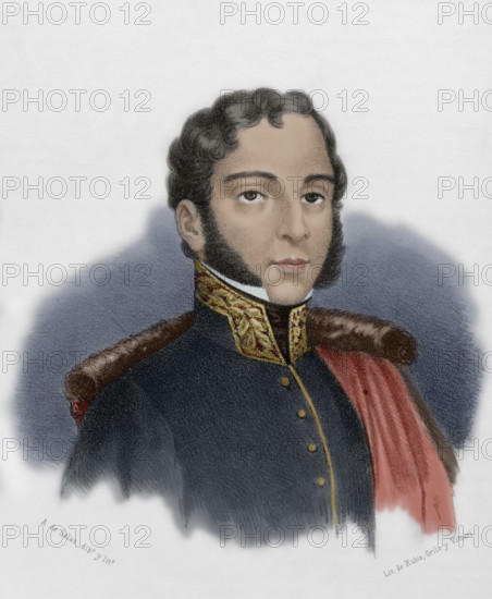 Juan Lopez Pinto (1788-1831). Spanish military officer born in Cartagena, member of the Artillery Corps. He took part in the Peninsular War. Shot with General Torrijos on the beach in Malaga. Portrait. Drawing by A. de Salas. Lithography. Later colouration. ""Cronica General de Espana, Historia Ilustrada y Descriptiva de sus Provincias. Andalucia"", 1869.