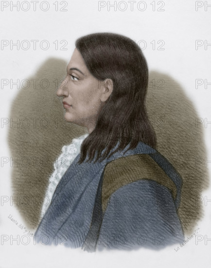Claudio Coello (1642-1693). Spanish Baroque painter. He was a court painter for Charles II. Portrait. Drawing by Llanta. Lithography. Later colouration. ""Cronica General de Espana, Historia Ilustrada y Descriptiva de sus Provincias. Andalucia"", 1869.