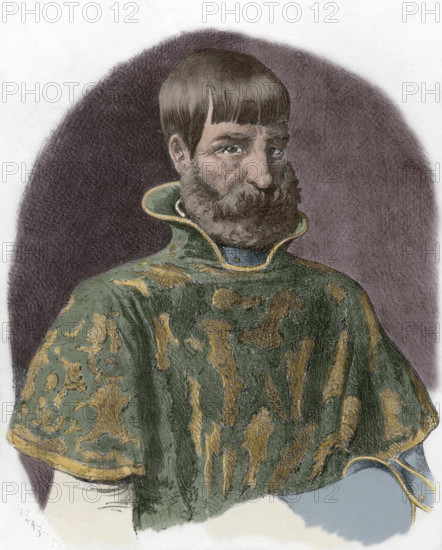 Juan Ponce de Leon (1460-1521). Spanish explorer and conquistador, known for leading the first official European expedition to Florida and serving as the first governor of Puerto Rico. Portrait. Lithography. Later colouration. ""Cronica General de Espana, Historia Ilustrada y Descriptiva de sus Provincias. Andalucia"", 1869.