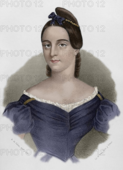 Mariana Pineda (1804-1831). Spanish heroine, liberal symbol of the struggle against the absolutist power of King Ferdinand VII. Portrait. Drawing by A. de Salas. Lithography. Later colouration. ""Cronica General de Espana, Historia Ilustrada y Descriptiva de sus Provincias. Andalucia"", 1869.