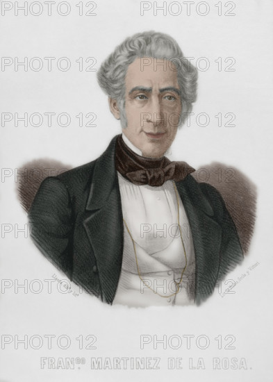 Francisco Martinez de la Rosa (1787-1862). Spanish statesman and dramatist. He was the first President of the Spanish Council of Ministers. Portrait. Drawing by Llanta. Lithography. Later colouration. ""Cronica General de Espana, Historia Ilustrada y Descriptiva de sus Provincias. Andalucia"", 1869.
