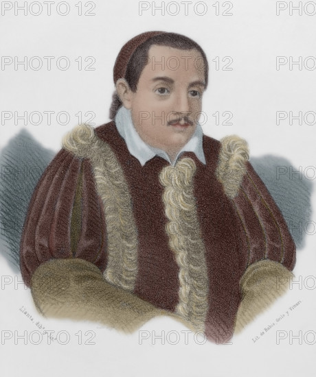 Vicente Espinel (1550-1624). Spanish writer and musician of the Spanish Golden Age. Portrait. Drawing by Llanta. Portrait. Lithography. Later colouration. ""Cronica General de Espana, Historia Ilustrada y Descriptiva de sus Provincias. Andalucia"", 1869.