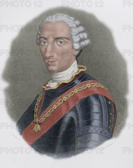 Charles III (1716-1788). King of Spain (1759-1788). Bourbon dynasty. Portrait. Drawing by J. Cebrian. Lithography. Later colouration. Cronica General de Espana, Historia Ilustrada y Descriptiva de sus Provincias. Castilla-La Nueva, 1869.