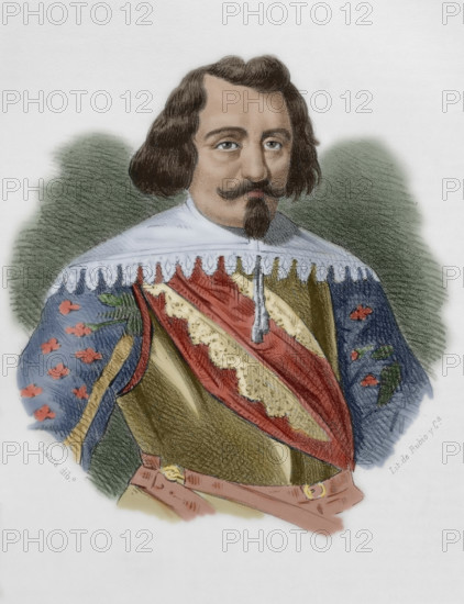 Diego Mexia de Guzman (Diego Mexia Felipez de Guzman y Davila) (ca. 1580-1655), 1st Marquis of Leganes and Viscount of Butarque. Spanish politician and military officer. Portrait. Drawing by Santiago Llanta. Lithography. Later colouration. Cronica General de Espana, Historia Ilustrada y Descriptiva de sus Provincias. Castilla-La Nueva, 1869.