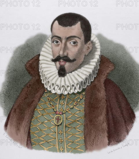 Francisco de Sandoval y Rojas (Francisco Gomez de Sandoval-Rojas y Borja) (1553-1625). Spanish nobleman. 1st Duke of Lerma, 5th Marquess of Denia and 1st Count of Ampudia. Favourite of king Philip III of Spain. Portrait. Drawing by Salcedo. Lithography. Later colouration. Cronica General de Espana, Historia Ilustrada y Descriptiva de sus Provincias. Castilla-La Nueva, 1869.