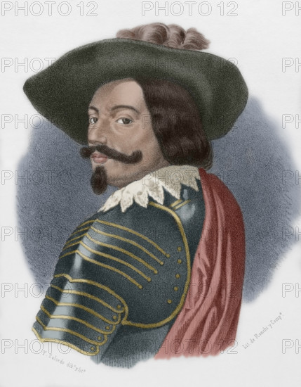 Gaspar de Guzman y Pimentel (Gaspar de Guzman y Pimentel Rivera y Velasco de Tovar). Count-Duke of Olivares (1587-1645). Spanish nobleman and politician, 3rd Count of Olivares, favourite of king Philip IV of Spain. Portrait. Drawing by Salcedo. Lithography. Later colouration. Cronica General de Espana, Historia Ilustrada y Descriptiva de sus Provincias. Castilla-La Nueva, 1869.