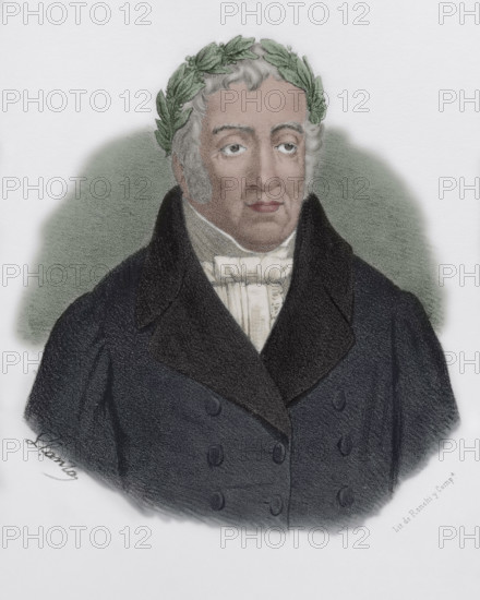 Manuel Jose Quintana (Manuel Jose Quintana y Lorenzo) (1772-1857). Spanish poet and politician. On March 25, 1855 he was laureate as national poet by Queen Isabella II, in a solemn act that was celebrated in the Senate. Portrait. Drawing by Llanta. Lithography. Later colouration. Cronica General de Espana, Historia Ilustrada y Descriptiva de sus Provincias. Castilla-La Nueva, 1869.