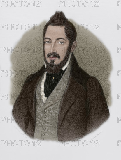 Mariano Jose de Larra (Mariano Jose de Larra y Sanchez de Castro) (1809-1837). Spanish writer, journalist and politician. He belonged to the literary movement of Romanticism. Portrait. Drawing by J. Cebrian. Portrait. Lithography. Later colouration. Cronica General de Espana, Historia Ilustrada y Descriptiva de sus Provincias. Castilla-La Nueva, 1869.