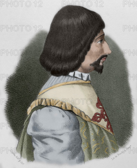 Enrique de Villena (Henry de Villeine) (ca. 1384-1434). Castilian nobleman. Constable of Castile, master of the Order of Calatrava, writer and literary translator. Portrait. Drawing by Llanta. Lithography. Later colouration. Cronica General de Espana, Historia Ilustrada y Descriptiva de sus Provincias. Castilla-La Nueva, 1869.