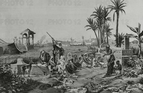 Arabic customs: a snake charmer. Engraving by Arturo Carretero (1852-1903) after a painting by the Spanish artist Echena. La Ilustracion Espanola y Americana (The Spanish and American Illustration), 1883.