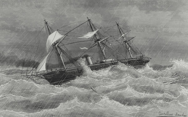 “Navas de Tolosa” (1866). Propeller frigate of 1st class of the Spanish Navy, wooden hull and mixed steam and sail propulsion. It was built in the Arsenal de la Carraca in Cadiz (Spain), being launched on May 10, 1865 and entering service in March 1866. Crossing of the war frigate “Navas de Tolosa” to the Pacific ports. The ship sailing under a hurricane on October 26, 1882, in waters of the Atlantic Ocean, off Bermuda. Drawing by Cortellini Sanchez. Engraving by Capuz. La Ilustracion Espanola y Americana (The Spanish and American Illustration), 1883.