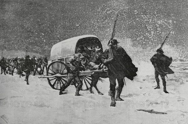 History of Spain. Conduction of convicts, by transits of justice, as it was carried out before the Royal Decree of 2 January 1883, promulgated by Venancio Gonzalez (1831-1897), Minister of Governance (1881-1883). The new decree stipulated a regular and periodic service for the transfer of prisoners and convicts, stipulating that their transport should be carried out, as far as possible, by railroad lines, in suitably constructed prison vehicles, or on foot, depending on the distances and days to be covered, in decent conditions. Drawing from life by Melendez. Engraving. La Ilustracion Espanola y Americana (The Spanish and American Illustration), 15 January 1883.