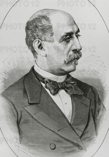Pio Gullon Iglesias (1835-1917). Spanish politician and journalist. Member of the Liberal Party. Ministry of the Interior in 1883, Minister of State in 1897-1898, 1905 and 1906. Governor of the Banco de Espana (Bank of Spain) (1892-1895, 1901-1902). Portrait. Drawing by Badillo. Engraving by Arturo Carretero (1852-1903). La Ilustracion Espanola y Americana (The Spanish and American Illustration), 1883.