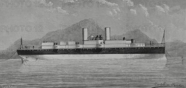 Nueva Esmeralda"". Warship built in England for the Chilean Navy. Drawing by Cortellini Sanchez. Engraving by Capuz. La Ilustracion Espanola y Americana (The Spanish and American Illustration), 1883.
