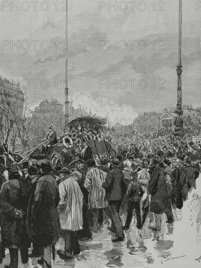 Leon Gambetta (1838-1882). French statesman, one of the founders of the Third Republic. Gambetta's funeral in Paris, January 6, 1883. Passage of the funeral procession on the Place de la Republique, during the moving of the mortal remains from the Palais Bourbon to the Pere Lachaise Cemetery. Drawing by Pellicer. Engraving by Rico. La Ilustracion Espanola y Americana (The Spanish and American Illustration), 1883.