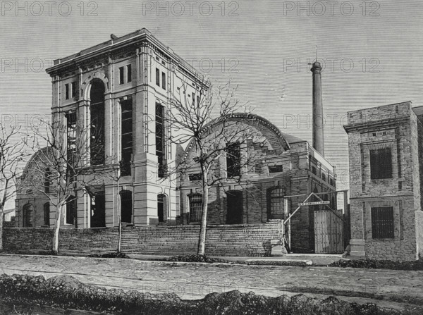 History of Spain. Barcelona, Catalonia. Exterior view of the industrial alcohols factory of Folch, Albinana y Compania. In 1874, Joaquim Folch i Solà and Frederic Albinana i Vila, founded the company Folch, Albinana y Cia. for the cereal trade. Both partners visited the main European factories to establish an alcohol distillery in Barcelona, building it at the Passeig del Cementiri (now Doctor Aiguader street). The machinery was of German origin, being installed under the direction of the engineer M.P. Kyll, from Cologne (Germany). It was inaugurated in 1883. There was a malting plant, with warehouses that could store up to one and a half million kilos of corn and barley, a building for the brewing and saccharification process, fermentation cellars and a building for distillation. Engraving by Capuz. La Ilustracion Espanola y Americana (The Spanish and American Illustration), 1883.