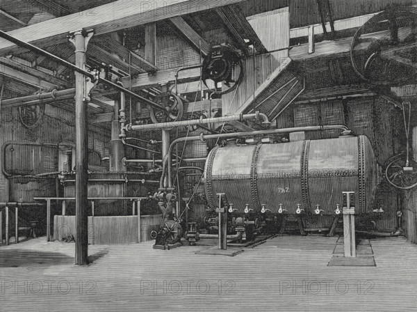 History of Spain. Barcelona, Catalonia. Industrial alcohols factory of Folch, Albinana y Compania. In 1874, Joaquim Folch i Solà and Frederic Albinana i Vila, founded the company Folch, Albinana y Cia. for the cereal trade. Both partners visited the main European factories to establish an alcohol distillery in Barcelona, building it at the Passeig del Cementiri (now Doctor Aiguader street). The machinery was of German origin, being installed under the direction of the engineer M.P. Kyll, from Cologne (Germany). It was inaugurated in 1883. There was a malting plant, with warehouses that could store up to one and a half million kilos of corn and barley, a building for the brewing and saccharification process, fermentation cellars and a building for distillation. View of the factory's machinery and equipment hall. Engraving. La Ilustracion Espanola y Americana (The Spanish and American Illustration), 1883.