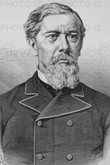 Antonio Lopez y Lopez (Antonio Victor Lopez Lopez de Lamadrid) (1817-1883), 1st Marquess of Comillas. Spanish businessman and banker. President of the Compania Trasatlantica Espanola (""La Trasatlantica""). Portrait. Drawing by Badillo. Engraving by Arturo Carretero (1852-1903). La Ilustracion Espanola y Americana (The Spanish and American Illustration), 1883.