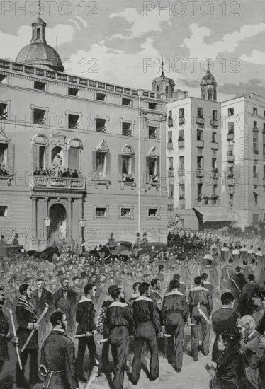 Antonio Lopez y Lopez (Antonio Victor Lopez Lopez de Lamadrid) (1817-1883), 1st Marquess of Comillas. Spanish businessman and banker. Burial and funeral of Antonio Lopez in Barcelona. Expression of public sentiment, on the occasion of the death of the Marquess of Comillas. Sketch taken by Luis Rigalt (1814-1894) at the passage of the funeral procession through the Plaza de la Constitucion (now Plaza de Sant Jaume), in front of the Palacio de la Diputacion (now Palacio de la Generalitat). Civil, military and religious authorities of the city took part in the procession, as well as representatives of the banks, credit societies, commerce, press, railroad, military and merchant marine, guilds of arts and crafts, and sailors. Engraving by Rico. La Ilustracion Espanola y Americana (The Spanish and American Illustration), 30 January 1883.