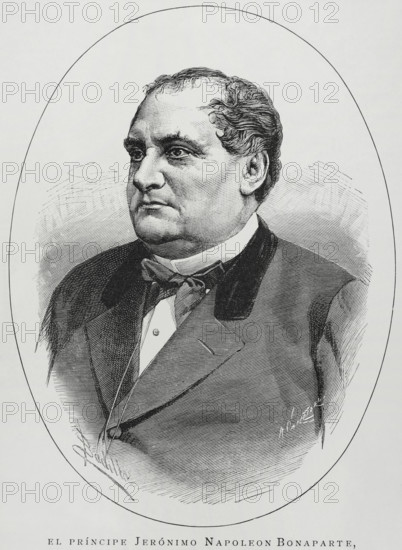 Prince Napoleon-Jerome Bonaparte (1822-1891), usually called Jerome Bonaparte, Napoleon-Jerome Bonaparte or Plon Plon. French politician. Portrait. Drawing by Badillo. Engraving by Arturo Carretero (1852-1903). La Ilustracion Espanola y Americana (The Spanish and American Illustration), 1883.