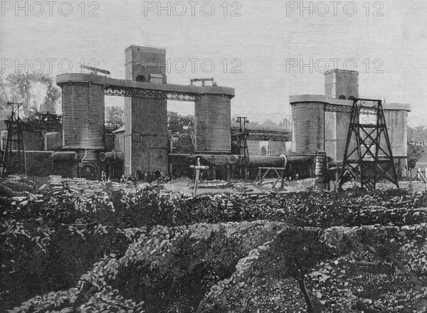 History of Spain. Mining industry in Biscay. Iron foundry known as “La Mudela”. It was built for the exploitation of iron ore on the San Francisco del Desierto estate in Sestao. It belonged to Francisco de las Rivas y Ubieta (1808-1882), Marquis of Mudela, who died before its completion. Between 1919 and 1920 the factory was acquired by Altos Hornos de Vizcaya (1902-1996). View of the furnaces. Engraving by Bernardo Rico (1825-1894). La Ilustracion Espanola y Americana (The Spanish and American Illustration), 1883.