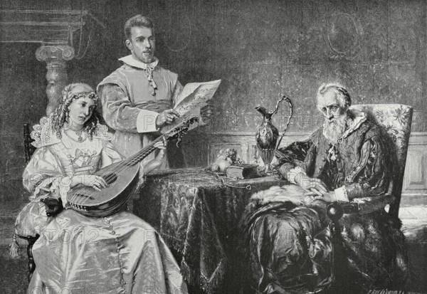 De muziekles (The music lesson). Engraving by Brend'amour (1831-1915) after the painting by the Belgian painter Pierre Jean Van der Ouderaa (1841-1915). La Ilustracion Espanola y Americana (The Spanish and American Illustration), 1883.