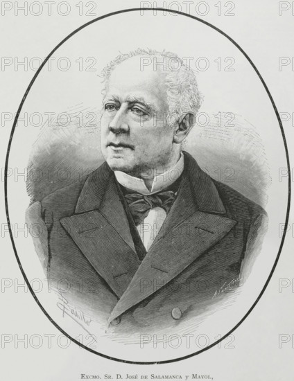 Jose de Salamanca y Mayol (1811-1883), 1st Marquess of Salamanca and 1st Count of los Llanos. Spanish aristocrat, businessman and politician. Promoter of the first Spanish railway lines. Portrait. Drawing by Badillo. Engraving by Arturo Carretero (1852-1903). La Ilustracion Espanola y Americana (The Spanish and American Illustration), 1883.