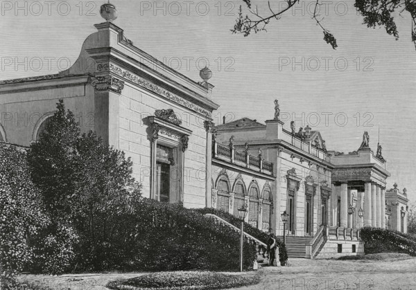 Madrid, Spain. Vista Alegre Palace or Marquis of Salamanca’s Palace. Main facade. Building located in the Finca de Vista Alegre (Vista Alegre Estate), in Carabanchel Bajo. It was designed between 1834 and 1835 by Martin Lopez Aguado, the works being continued in 1835 by the architect Juan Pedro Ayegui. Because of the abdication and exile of Queen Maria Christina of Bourbon in 1840, the works remained unfinished. After the return of Queen Maria Christina, the construction work continued, entrusted to the architect Narciso Pascual y Colomer (1808-1870), who carried it out between 1844 and 1846. The Marquis of Salamanca acquired the palace in 1859, commissioning new improvement works to the same architect, Narciso Pascual y Colomer, who carried them out between 1859 and 1863. Engraving by Tomas Carlos Capuz (1834-1899). La Ilustracion Espanola y Americana (The Spanish and American Illustration), 1883.