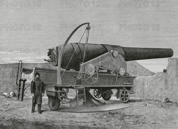 Armstrong 30.5 cm gun, mounted on la Soledad Bulwark. Cadiz, Andalusia, Spain. Engraving. La Ilustracion Espanola y Americana (The Spanish and American Illustration), 1883.