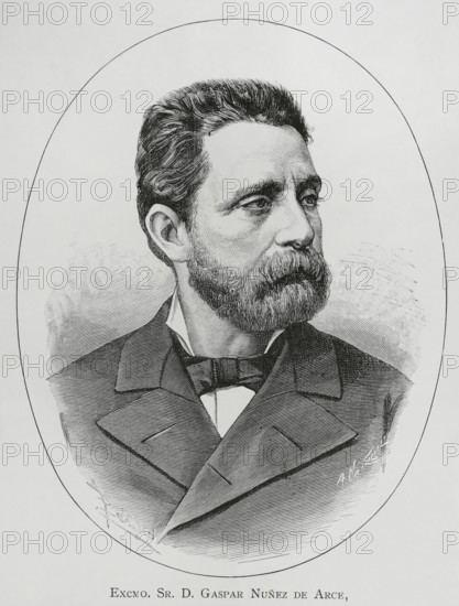 Gaspar Nunez de Arce (1832-1903). Spanish poet and politician. He took an active part in the Glorious Revolution of September 1868 to dethrone Isabella II. Minister of Overseas in 1883 in the government presided over by Sagasta. Portrait. Drawing by Badillo. Engraving by Arturo Carretero (1852-1903). La Ilustracion Espanola y Americana (The Spanish and American Illustration), 1883.