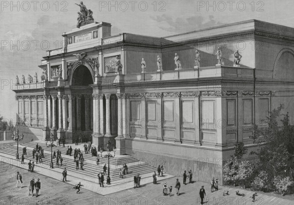 Rome, Italy. Palazzo delle Esposizioni. Exterior view of the building, opened on 21 January 1883, on the occasion of the celebration of the Esposizione delle Belle Arti (International Exhibition of Fine Arts). It was designed by the Italian architect Pio Piacentini (1846-1928). Drawing by Nao. Engraving by Rico. La Ilustracion Espanola y Americana (The Spanish and American Illustration), 1883.