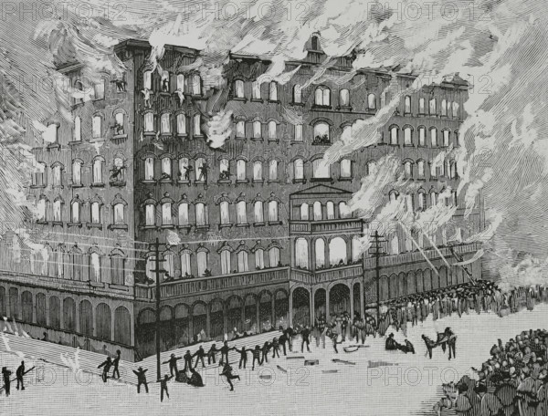 Milwaukee, Wisconsin, United States. Newhall House Hotel Fire. Hotel built in 1856 by merchant Daniel Newhall. In the early hours of 10 January 1883, fire broke out in the elevator shaft and raced upward through the entire building before guests could escape. The hotel register was destroyed, so it is not known exactly how many people were staying that night. At least seventy-six bodies were pulled from the charred remains over the next few days. Engraving. La Ilustracion Espanola y Americana (The Spanish and American Illustration), 1883.