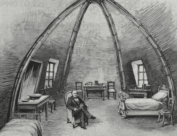 Prince Napoleon-Jerome Bonaparte (1822-1891), usually called Jerome Bonaparte, Napoleon-Jerome Bonaparte or Plon Plon. French politician. In January 1883, the Prince published a manifesto that earned him imprisonment in the Conciergerie. He was released after twenty-six days of detention, thanks to the intervention of the Empress Eugenie, who traveled to Paris to mediate his release. Prison of Prince Napoleon Joseph Charles Bonaparte at the Conciergerie (Paris, France). Engraving. La Ilustracion Espanola y Americana (The Spanish and American Illustration), 1883.