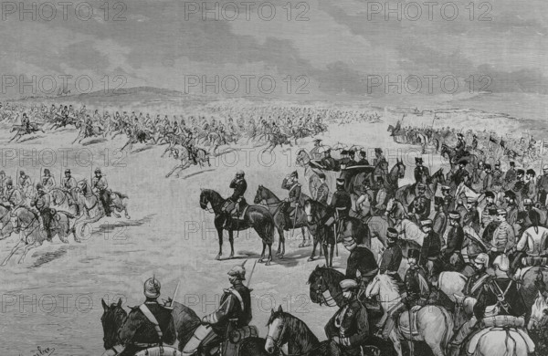 Madrid, Spain. Cavalry maneuvers in the fields of Carabanchel. On 31 January 1883 ended the military exercises in honor of Prince Ludwig Ferdinand of Bavaria, fiance of Infanta Maria de la Paz of Spain. A cavalry division paraded in column of honor and at gallop before King Alfonso XII, the Bavarian prince and the infante Don Antonio. Drawing by Juan Comba. Engraving by Tomas Carlos Capuz (1834-1899). La Ilustracion Espanola y Americana (The Spanish and American Illustration), 8 February 1883.